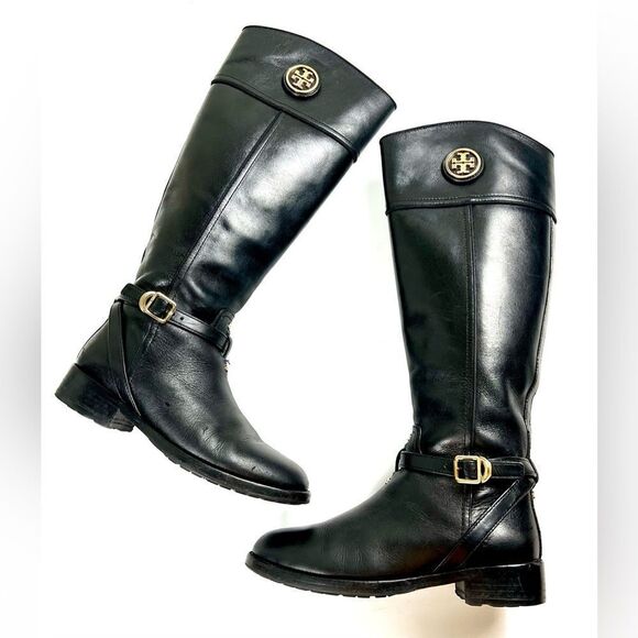 Tory Burch Teresa Black Leather Riding Boots - Picture 1 of 14